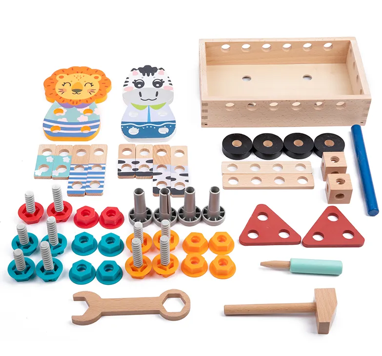 Wooden tool kit with colourful nuts, bolts, wheels and animal pieces
